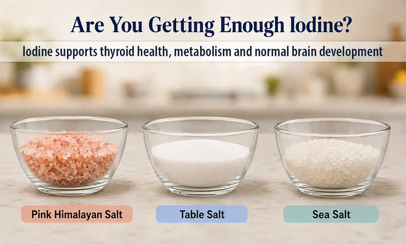 " Pink Himalayan salt, table salt, and sea salt sitting next to each other each contains different amounts of Iodine