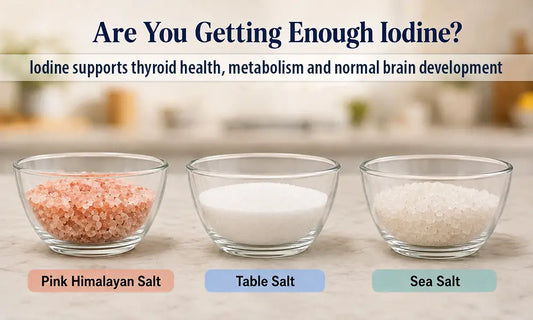 " Pink Himalayan salt, table salt, and sea salt sitting next to each other each contains different amounts of Iodine
