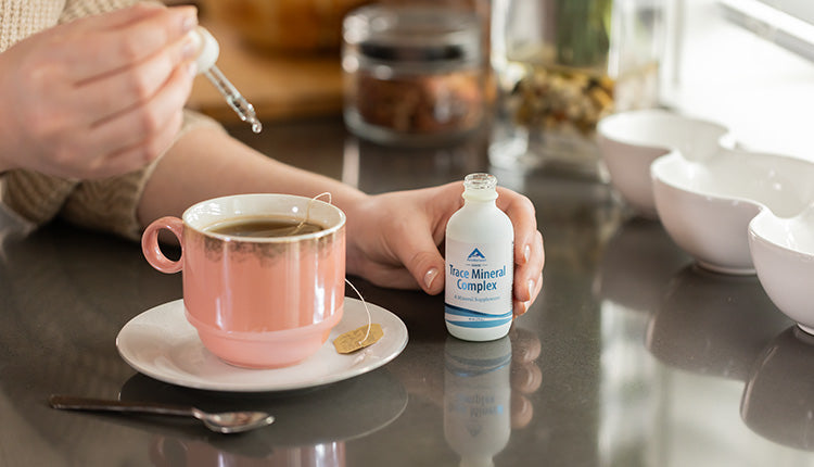 : Liquid trace mineral drops added to drinking water for daily remineralization