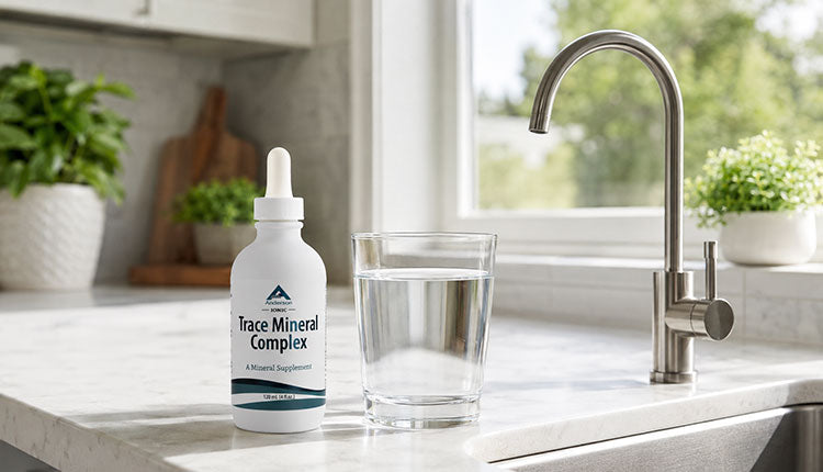 Clear glass of reverse osmosis water beside a kitchen RO faucet and Trace Mineral Complex