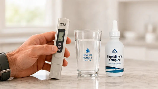 Glass of RO water beside a near-zero TDS meter reading and a dropper bottle of ionic trace minerals.