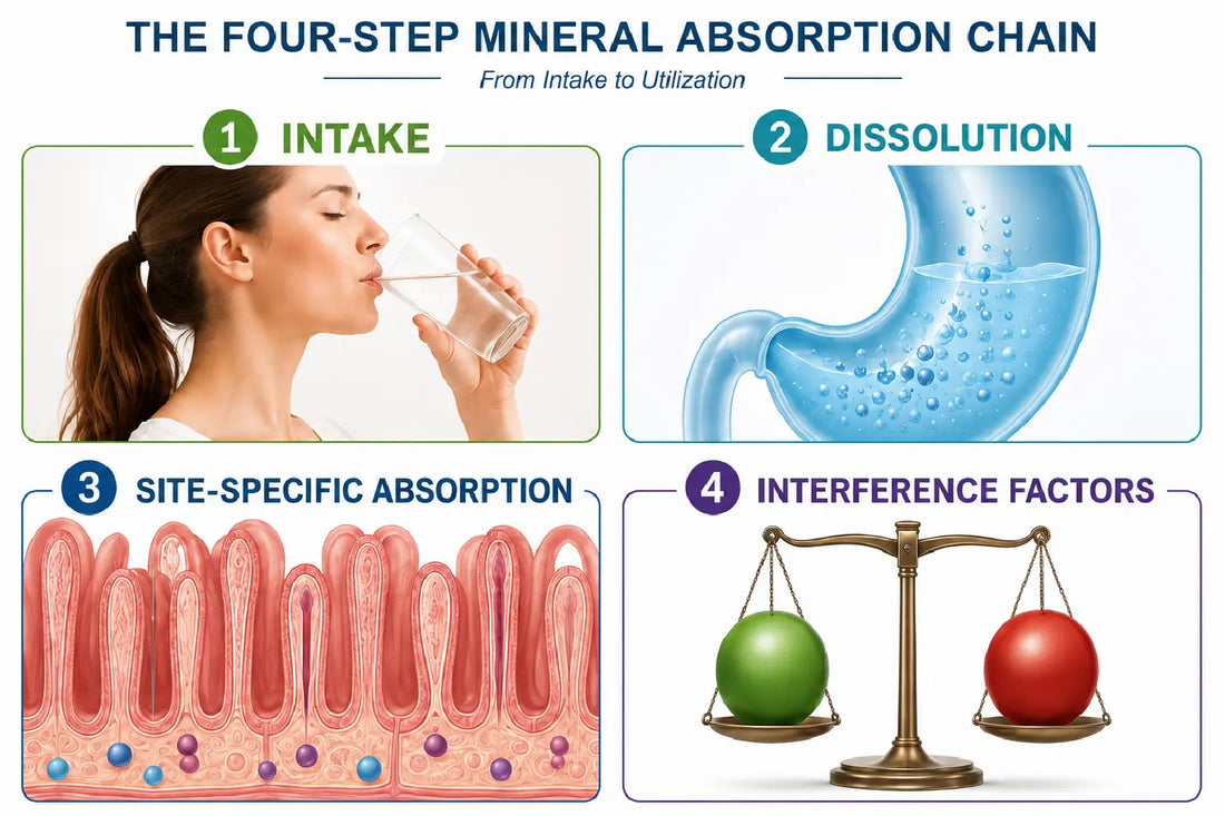 Diagram of the four-step mineral absorption chain: intake, dissolution, site-specific absorption, and interference factors