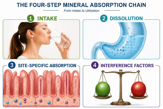 Diagram of the four-step mineral absorption chain: intake, dissolution, site-specific absorption, and interference factors